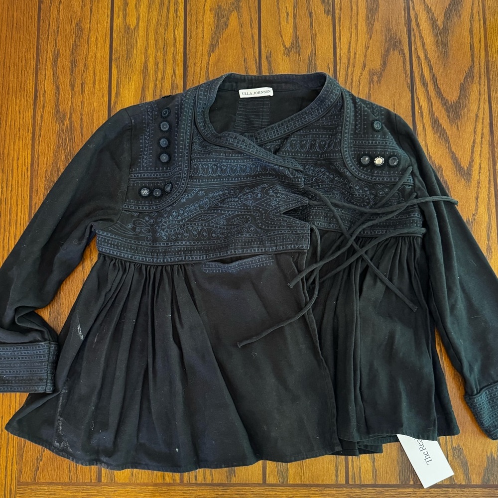 ulla johnson embellished long sleeve open top coat jacket black blue tie neck